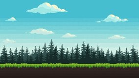 Forest pixel art background animation. 2d pixel video game daytime with green grass, fir trees and floating clouds. Animated looping nature landscape. - Powered by Shutterstock - Get 15% off with code: PIKWIZARD15