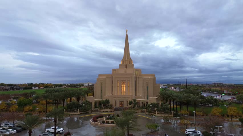 Mormon Temple in Gilbert Arizona, America, USA. Aerial Video of Stunning architecture, floral displays and stained-glass windows. 
