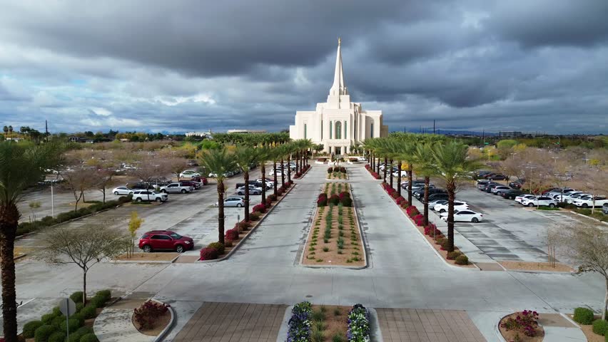Mormon Temple in Gilbert Arizona, America, USA. Aerial Video of Stunning architecture, floral displays and stained-glass windows. 