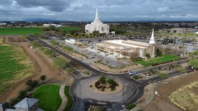 Mormon Temple in Gilbert Arizona, America, USA. Aerial Video of Stunning architecture, floral displays and stained-glass windows. 