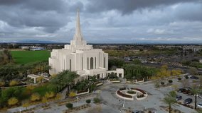 Mormon Temple in Gilbert Arizona, America, USA. Aerial Video of Stunning architecture, floral displays and stained-glass windows. 