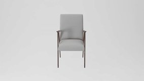 Circular animation of a mid-century white fabric upholstery apartment chair. Wooden base chair on a white background. Mid-century, Modern, Scandinavian 