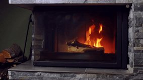 Short clip showing modern domestic fireplace with lit firewood