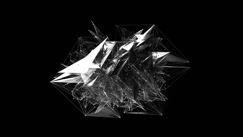 3d render of monochrome black and white abstract art video animation with surreal cube object in wire structure with translucent plastic parts in the deformation transformation process 