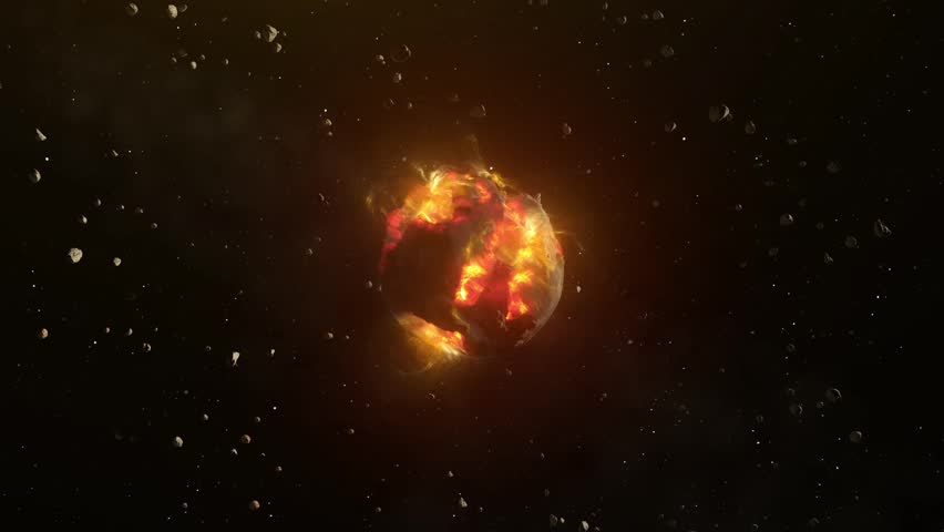 Burning Dead Planet surrounding with asteroids and space particles Royalty-Free Stock Footage #3404811021