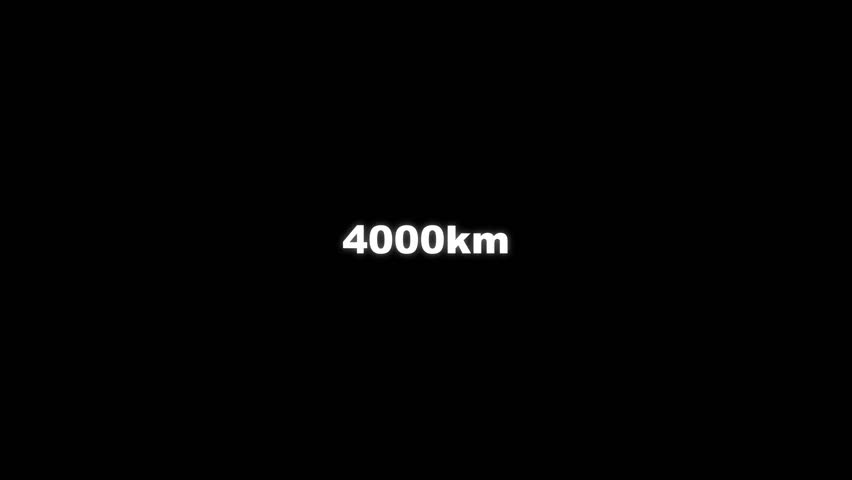 Animation of number counting up to 4000km. Kilometer counter. Increasing digits on black background and green screen background. 