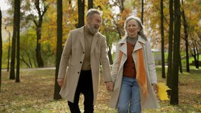 Happy old senior married couple adults hold hands together walking in city park joyful mature gray haired Caucasian woman wife and man husband have fun talking laughing walk stroll in autumn forest - Powered by Shutterstock - Get 15% off with code: PIKWIZARD15
