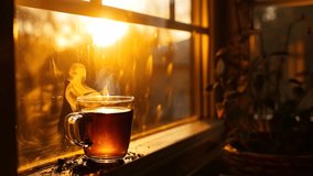 A glass of hot tea at the window at sunset. Seamless looping time-lapse virtual video animation background