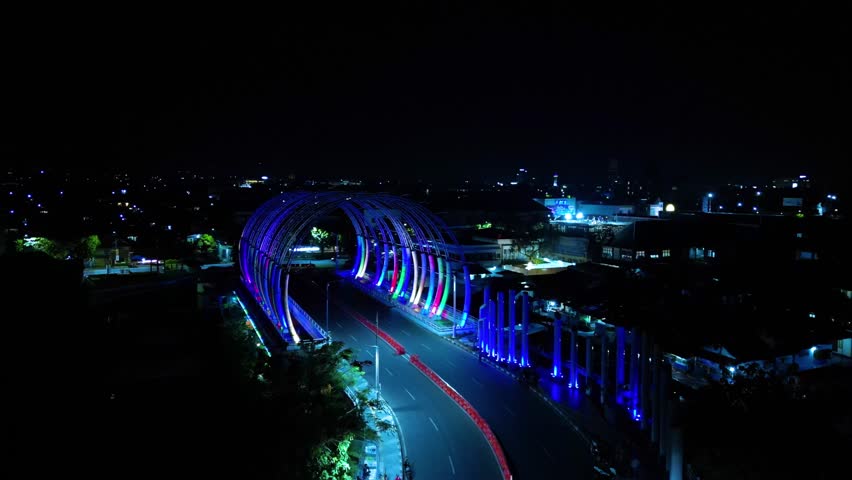 Soedirman Guerrilla Bridge Decorated With Colorful LEDs that light up at Night. Purwokerto. Indonesia