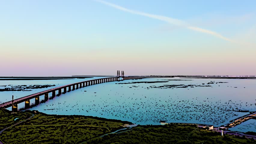 Oresund bridge. A combined road and railway cable-stayed bridge stretches across a wide strait, supported by twin pylons rising from the water. The bridge carries both motorway traffic on its upper deck and railway lines on its lower deck, extending from a green shoreline toward a distant artificial island. The surrounding waters are calm with scattered dark patches of exposed seabed or rocks, and the sky above transitions from soft pink near the horizon to pale blue higher up, indicating sunset. The aerial perspective follows the bridge