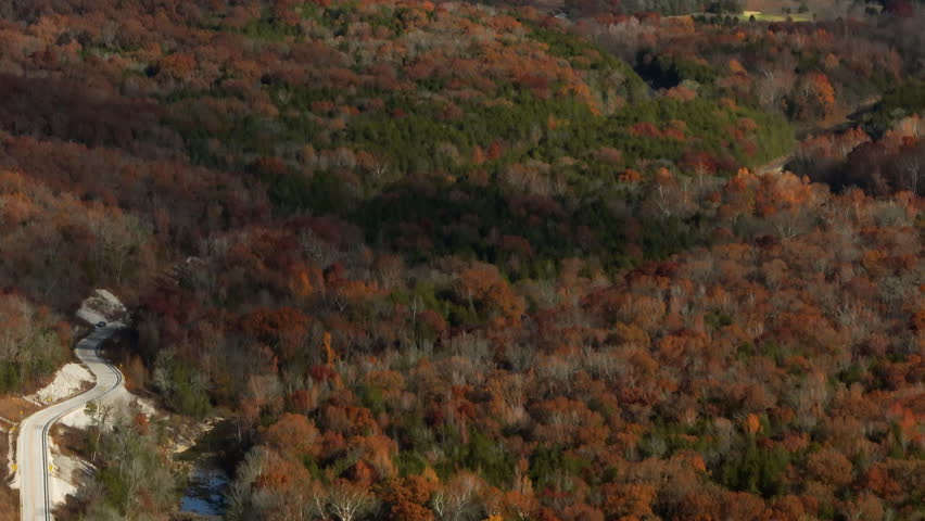 Aerial View Of Colorful Autumn Forest Near Arkansas,USA - Drone Shot