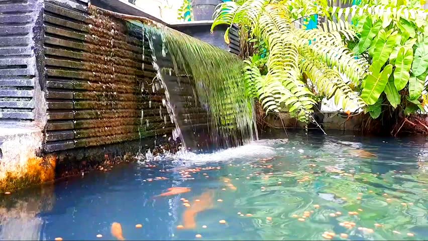 Fish pond with waterfall and plant Royalty-Free Stock Footage #3405131883