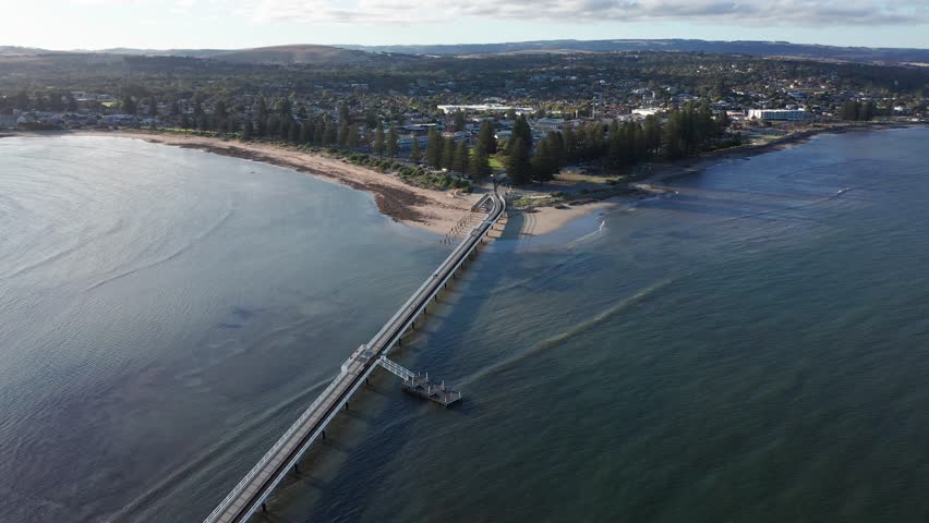 Victor Harbor historic causeway and town centre aerial shot, South Australia