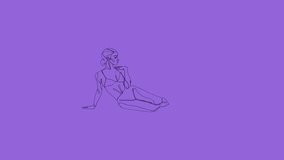 silhouette of woman sitting and looking sideways on purple background.4k video loop animation.