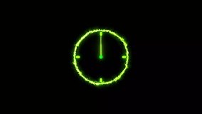 Digital clock icon with glowing neon light. Green circle digital and analog clock looped black background 4k video Animation.	
