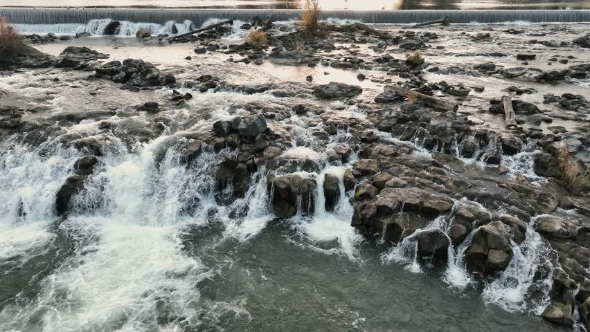 Man-made Waterfalls In The Snake River In Idaho Falls, Idaho, USA. - aerial shot