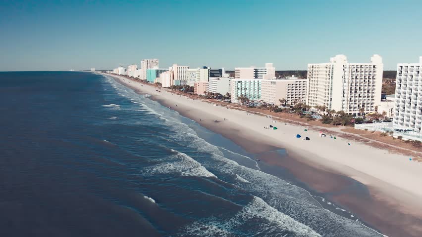 Aerial view of Myrtle Beach coastline and buildings from drone, South Carolina