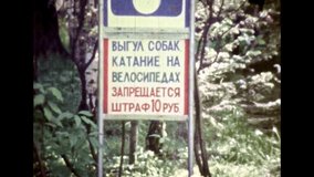 Translation Russian - Prohibition sign in public park. No dogs allowed signs symbol on green forest background. Dog walking forbidden, fine penalty warning. Vintage color film. Retro 1980s archive