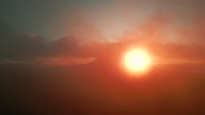 Aerial view of Sunrise over the clouds epic and amazing sky on volcano.