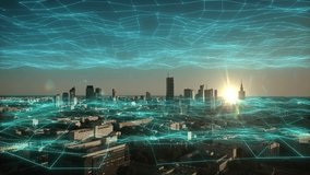 Flying over digital business center of modern digital city connected 5G communication network and grids. Technology and business concept, neon plexus animation. Cityscape, downtown with glowing lines - Powered by Shutterstock - Get 15% off with code: PIKWIZARD15