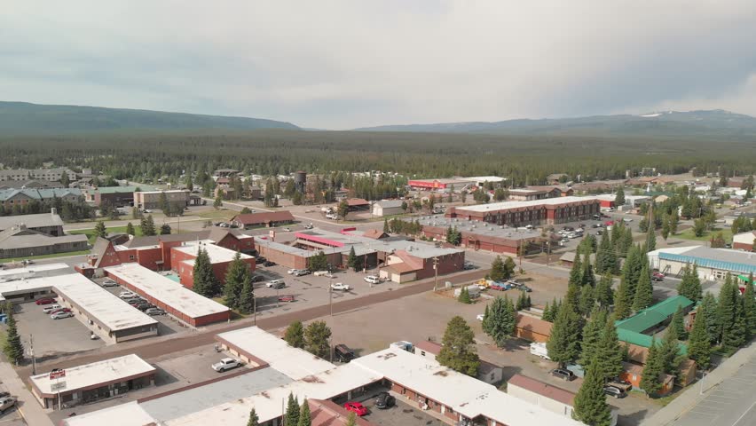 West Yellowstone, Montana. Aerial view of city buildings