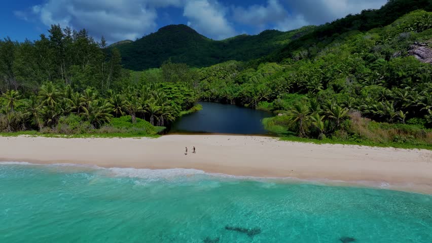 Drone footage of Police Bay on Mahé in the Seychelles archipelago. Anse Bazarca Beach. Petite Police Beach. White beach with typical grantic basalt stones. Tropical vegetation. Pointe Du Sud.
 Royalty-Free Stock Footage #3405435189