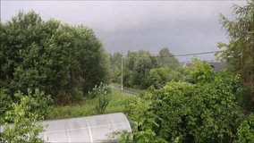 Light evening rain in the village. View from the window of the road and cloudy sky and trees swaying in the wind. Video - general plan