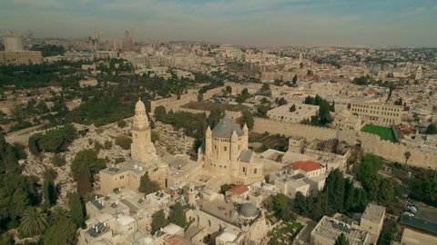 Aerial drone Israel Jerusalem. King David's Tomb is a site considered by some to be the burial place of David, King of Israel, according to a tradition beginning in the 12th century.