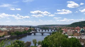 View of the Vltava river and city skyline of Prague Old Town. Prague, Czech Republic.