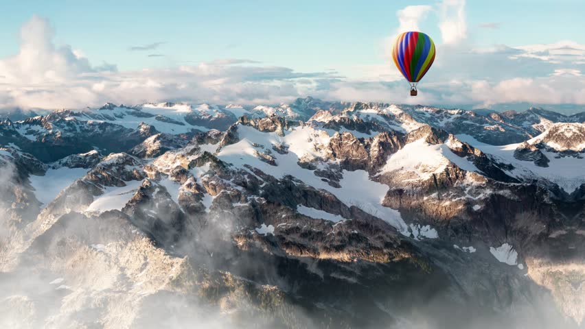 Glacier and Rocky Mountains covered in snow, clouds. Hot Air Balloon. Canadian Nature Landscape. BC, Canada. Parallax Animation.