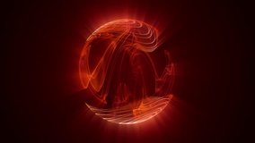 Seamless loop animation of an abstract orange red sphere made of glowing smooth waves and curvy energy lines on a shiny background , looped video , 4k