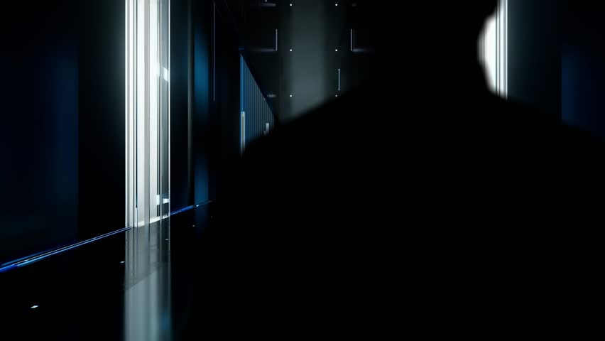 Spatial computing. Man in Futuristic Office Interior Moving and Activating Hologram.