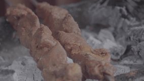 Mutton seekh kababs are being grilled with heat in barbeque with metal skewers
India is famous for spicy Indian non vegetarian street foods.
srinagar kashmir india 
raw footage for colour grading