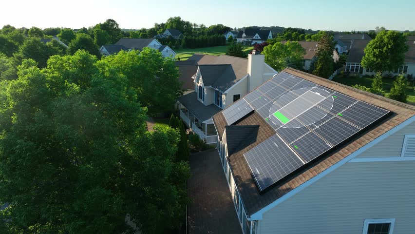 Solar panel with charging battery animation during bright sunset. 3D render on aerial shot of photovoltaic array on American residential rooftop. Renewable, green energy in futuristic neighborhood. Royalty-Free Stock Footage #3405796699