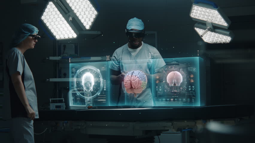 Diverse surgeons in AR headsets work in operating room. African American specialist uses AI virtual holographic display. 3D graphics of health monitors and human brain. Modern medical facilities. Royalty-Free Stock Footage #3405827737