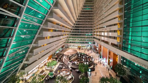 Timelapse View inside The hotel hall Marina Bay Sands in Singapore. August 2017