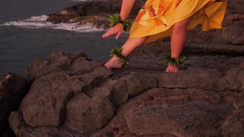 Hula Dancer, Young Female, Ocean Island Backdrop, Slow Motion, Sunset, Medium Angle