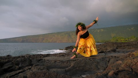 Hula Dancer, Young Female, Ocean Island Backdrop, Slow Motion, Afternoon, Wide Angle