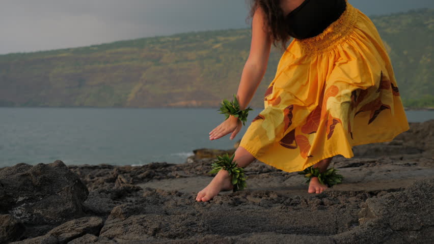 Hula Dancer, Young Female, Ocean Island Backdrop, Slow Motion, Afternoon, Medium Angle