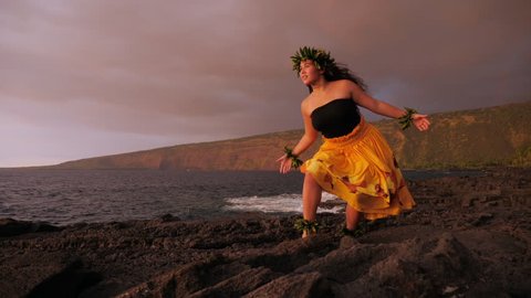 Hula Dancer, Young Female, Ocean Island Backdrop, Slow Motion, Sunset, Wide Angle