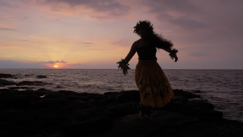 Hula Dancer, Young Female, Ocean Island Backdrop, Slow Motion, Sunset, Wide, Silhouette