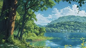 Summer nature scene with flowing lake and trees. Seamless looping 4k time-lapse virtual video animation background