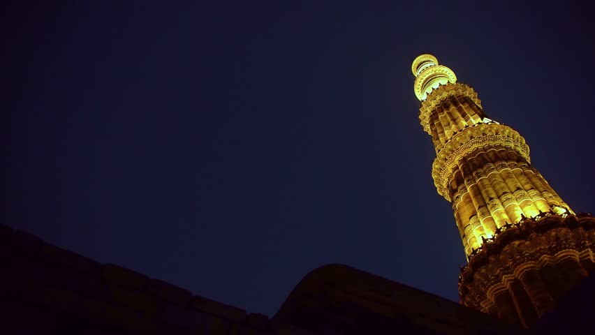Night view of the Qutab Minar located in New Delhi India, also known as Qutb or Qutub Minar, UNESCO world heritage sites