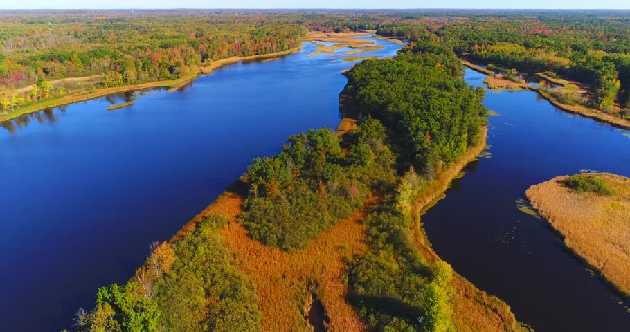 Flying over scenic Peshtigo River’s Bagley Flowage in Northern Wisconsin wilderness.