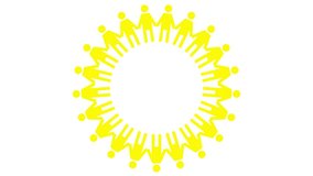 Animated yellow circle of people turns around. Symbols of people are holding hands. Concept of social, teamwork, connection, communication, society. Looped video. Vector illustration isolated on white