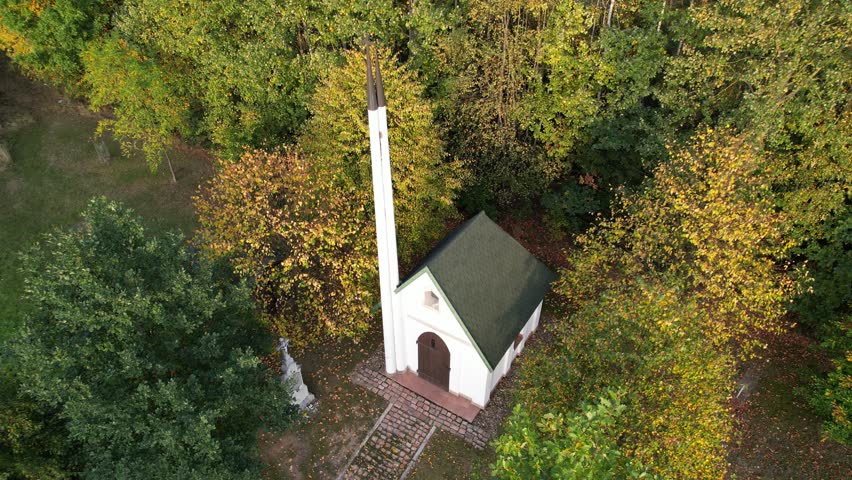 aerial panorama landscape view of small chapel-church with tiny tower near Jihlava town in Vysocina region,Bohemia,Czech republic,Europe,modern local church architecture fitting nicely into nature
