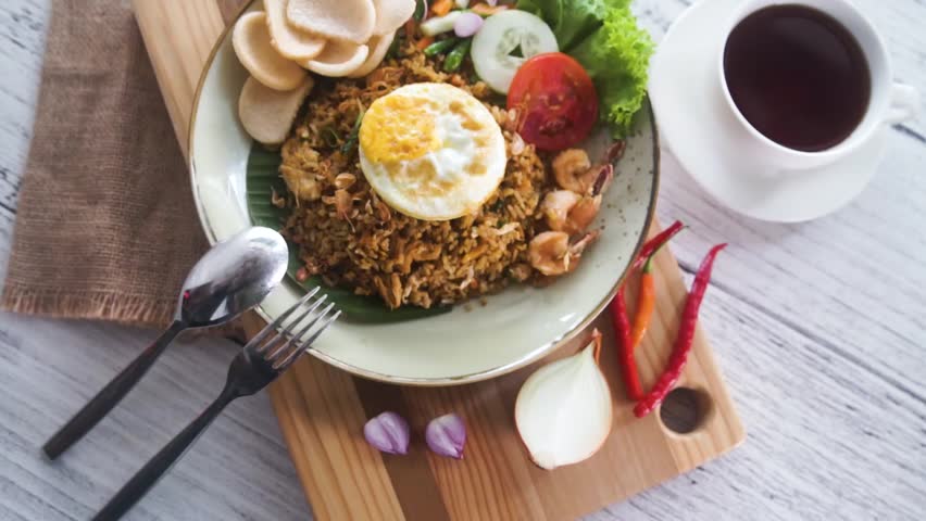 fried rice with fried egg on top taken from the top corner Royalty-Free Stock Footage #3406234977