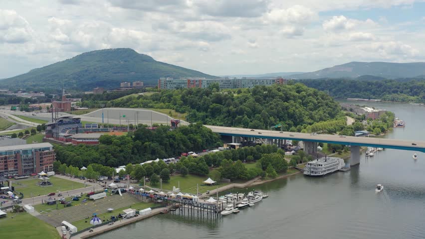 Looking towards Lookout Mountain, traffic crosses the bridge in the distance near Chattanooga, Tennessee over Rosses Landing.