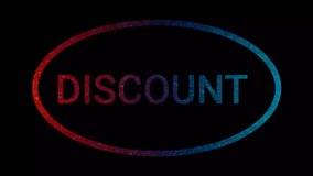 High quality Discount, with black background, Red and blue lights colorful text on black background, 4k loop animation, shiny and glowing typography