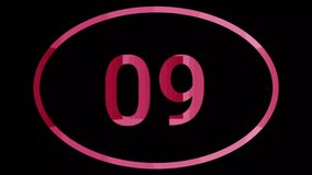 Pink countdown timer, from ten to zero, dynamic stroke of numbers with reflection under them. black background, pink colors